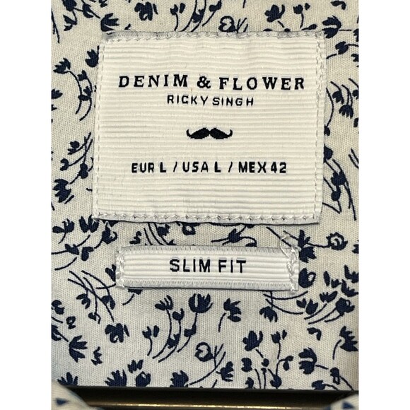 DENIM & FLOWER RICKY SINGH  Mens Shirt Large Blue Short Sleeve Button Slim Fit - Picture 4 of 15